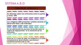 SISTEMA A,B,O
Se detectan sobre los eritrocitos entre la quinta
y sexta SDG
Los antígenos ABO presentan cambios durante el
desarrollo fetal y del individuo
Se van adicionando los azucares terminales sobre la
cadena de oligosacáridos en la membrana de los
eritrocitos
Entre los 2 y 4 años de edad, los antígenos A y B están
completamente desarrollados y permanecen
constantes durante toda la vida
FORMACION DEL SISTEMA A,B, O
 