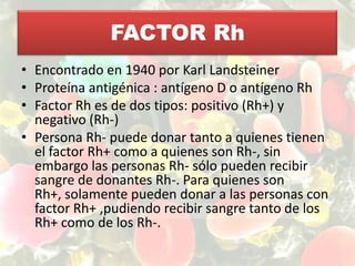 FACTOR RhEncontrado en 1940 por Karl LandsteinerProteína antigénica : antígeno D o antígeno Rh  Factor Rh es de dos tipos: positivo (Rh+) y negativo (Rh-)Persona Rh- puede donar tanto a quienes tienen el factor Rh+ como a quienes son Rh-, sin embargo las personas Rh- sólo pueden recibir sangre de donantes Rh-. Para quienes son Rh+, solamente pueden donar a las personas con factor Rh+ ,pudiendo recibir sangre tanto de los Rh+ como de los Rh-. 