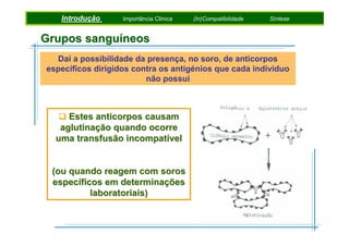Introdução
Introdução
Introdução

Pigmentosde Metamorfismo
Importância Clínica
Factores Fotossintéticos

Etapas daMetamórficas
(In)Compatibilidade
Rochas Fotossíntese

Síntese
Síntese
Síntese

Grupos sanguíneos
Daí a possibilidade da presença, no soro, de anticorpos
específicos dirigidos contra os antigénios que cada indivíduo
não possui

Estes anticorpos causam
aglutinação quando ocorre
uma transfusão incompatível

(ou quando reagem com soros
específicos em determinações
laboratoriais)

 