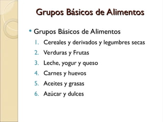 Grupos Básicos de Alimentos
Grupos Básicos de Alimentos
 Grupos Básicos de Alimentos
1. Cereales y derivados y legumbres secas
2. Verduras y Frutas
3. Leche, yogur y queso
4. Carnes y huevos
5. Aceites y grasas
6. Azúcar y dulces
 
