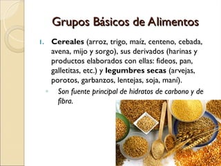 Grupos Básicos de Alimentos
Grupos Básicos de Alimentos
1. Cereales (arroz, trigo, maíz, centeno, cebada,
avena, mijo y sorgo), sus derivados (harinas y
productos elaborados con ellas: fideos, pan,
galletitas, etc.) y legumbres secas (arvejas,
porotos, garbanzos, lentejas, soja, maní).
◦ Son fuente principal de hidratos de carbono y de
fibra.
 
