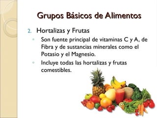 Grupos Básicos de Alimentos
Grupos Básicos de Alimentos
2. Hortalizas y Frutas
◦ Son fuente principal de vitaminas C y A, de
Fibra y de sustancias minerales como el
Potasio y el Magnesio.
◦ Incluye todas las hortalizas y frutas
comestibles.
 