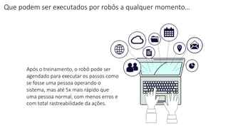 Após o treinamento, o robô pode ser
agendado para executar os passos como
se fosse uma pessoa operando o
sistema, mas até 5x mais rápido que
uma pessoa normal, com menos erros e
com total rastreabilidade da ações.
Que podem ser executados por robôs a qualquer momento…
 
