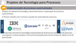 iprocess www.iprocess.com.br +55 51 3211.4036 / 11 4063.6263
Projetos de redesenho tecnológico, desenvolvimento e implantação de processos
automatizados.
A iProcess trabalha com inúmeras soluções de automação de processos:
O know-how conceitual e tecnológico especializado da iProcess em automação de processos
nos capacita a realizar projetos na ferramenta desejada pelo cliente através de rápida curva de
aprendizado.
Projetos de Tecnologia para Processos
Implementação de processos automatizados
BPMS
RPA
 