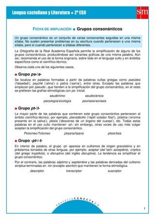 1
FICHA DE AMPLIACIÓN Grupos consonánticos
Un grupo consonántico es un conjunto de varias consonantes seguidas en una misma
sílaba. No suelen presentar problemas en su escritura cuando pertenecen a una misma
sílaba, pero sí cuando pertenecen a sílabas diferentes.
La Ortografía de la Real Academia Española permite la simplificación de alguno de los
grupos consonánticos, produciéndose así variantes gráficas de una misma palabra. Aún
así, recomienda el uso de la forma originaria, sobre todo en el lenguaje culto y en ámbitos
específicos como el científico-técnico.
Observa cada uno de los siguientes casos.
Grupo ps-/s-
Se localiza en palabras formadas a partir de palabras cultas griegas como pseûdos
(‘falsedad’), psych (‘alma’) o ps ra (‘sarna’), entre otras. Excepto las palabras que
empiezan por pseudo-, que tienden a la simplificación del grupo consonántico, en el resto
se prefieren las grafías etimológicas con ps- inicial.
seudónimo seudociencia
psicología/sicología psoriasis/soriasis
Grupo pt-/t-
La mayor parte de las palabras que contienen este grupo consonántico pertenecen al
ámbito científico-técnico, por ejemplo, pterodáctilo (‘reptil volador fósil’), ptialina (‘enzima
presente en la saliva’), ptosis (‘descenso de un órgano del cuerpo’), etc. Todas estas
palabras en el uso culto mantienen -pt-; sin embargo, otras voces de uso más vulgar
aceptan la simplificación del grupo consonántico.
Ptolomeo/Tolomeo ptisana/tisana ptisis/tisis
Grupo -pt-/-t-
En interior de palabra, el grupo -pt- aparece en cultismos de origen grecolatino y en
préstamos tomados de otras lenguas, por ejemplo, aceptar (del latín accept re), críptico
(del griego kryptikós), o disruptivo (del inglés disruptive). La tendencia es simplificar el
grupo consonántico.
Por el contrario, las palabras séptimo y septiembre y las palabras derivadas del cultismo
scriptus terminadas en -tor (excepto escritor) que mantienen la forma etimológica.
descriptor transcriptor suscriptor
 