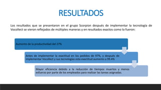 RESULTADOS
Los resultados que se presentaron en el grupo Scorpion después de implementar la tecnología de
Vocollect se vieron reflejados de múltiples maneras y en resultados exactos como lo fueron:
Aumento de la productividad del 27%
Antes de implementar la exactitud en los pedidos de 97%, y después de
implementar Vocollect y sus tecnologías esta exactitud aumento a 99.4%
Mayor eficiencia debido a la reducción de tiempos muertos y menos
esfuerzo por parte de los empleados para realizar las tareas asignadas.
 
