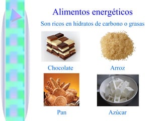 Alimentos energéticos Son ricos en hidratos de carbono o grasas Chocolate Arroz Pan Azúcar 