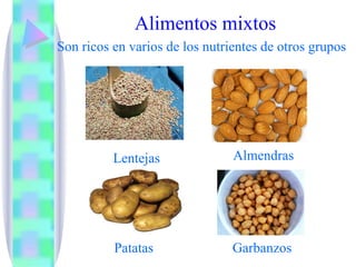 Alimentos mixtos Son ricos en varios de los nutrientes de otros grupos Lentejas Almendras Patatas Garbanzos 