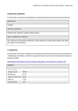 ALIMENTACIÓN Y NUTRICIÓN PARA UNA VIDA SALUDABLE – MARZO 2018
2-GRUPOS DE ALIMENTOS
A continuación, clasificamos los ingredientes en función del grupo de alimentos al que pertenecen:
Leguminosas
Lentejas
Verduras y hortalizas
Pimiento rojo, zanahoria, cebolla, tomate maduro
Salsas, condimentos y especias.
Sal, 1 hoja de laurel, pastilla de caldo (por su alto contenido en sodio y potenciadores del sabor
se incluye en este apartado).
3- NUTRIENTES
A continuación se incluyen las tablas con los principales nutrientes de cada uno de estos alimentos en
cantidades por cada 100 g. La fuente es la página de Dietas.net, a través de la Guía de Alimentación y
Salud de la UNED:
http://www2.uned.es/pea-nutricion-y-dietetica-I/guia/guia_nutricion/recom_composic.htm
LENTEJAS
Aporte por ración
Energía [Kcal] 304,00
Proteína [g] 23,18
Hidratos carbono [g] 40,60
Fibra [g] 17,00
Grasa total [g] 1,70
 