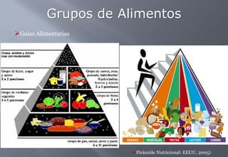 Grupos de Alimentos
Guías Alimentarias
Pirámide Nutricional: EEUU, 2005)
 