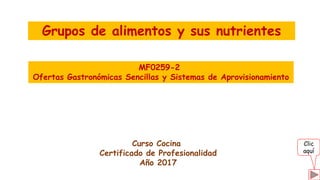 Grupos de alimentos y sus nutrientes
MF0259-2
Ofertas Gastronómicas Sencillas y Sistemas de Aprovisionamiento
Curso Cocina
Certificado de Profesionalidad
Año 2017
Clic
aquí
 