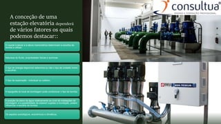 A conceção de uma
estação elevatória dependerá
de vários fatores os quais
podemos destacar::
O caudal a elevar e a altura manométrica determinam a escolha da
bomba a utilizar;
Natureza do fluído, propriedades físicas e quimicas;
O tipo de energia disponível determina ou não o tipo de unidade motriz
a escolher;
O tipo de exploração - individual ou coletivo;
A topografia do local de bombagem pode condicionar o tipo de bomba;
A posição do plano de água relativamente ao nível de instalações de
bombagem, e a possibilidade de estarem sujeitas a inundação, podem
influenciar a escolha da bomba;
Os aspetos sociológicos, económicos e climáticos;
 