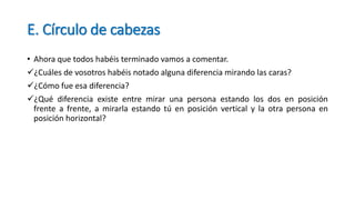 E. Círculo de cabezas
• Ahora que todos habéis terminado vamos a comentar.
¿Cuáles de vosotros habéis notado alguna diferencia mirando las caras?
¿Cómo fue esa diferencia?
¿Qué diferencia existe entre mirar una persona estando los dos en posición
frente a frente, a mirarla estando tú en posición vertical y la otra persona en
posición horizontal?
 