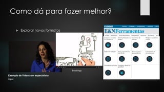 Exemplo de Video com especialista:
Aipac
Como dá para fazer melhor?
 Explorar novos formatos
Brookings
 