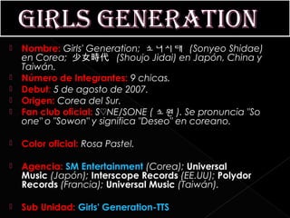    Nombre: Girls' Generation; 소녀시대 (Sonyeo Shidae)
    en Corea; 少女時代 (Shoujo Jidai) en Japón, China y
    Taiwán.
   Número de Integrantes: 9 chicas.
   Debut: 5 de agosto de 2007.
   Origen: Corea del Sur.
   Fan club oficial: S♡NE/SONE ( 소원 ). Se pronuncia "So
    one" o "Sowon" y significa "Deseo" en coreano.

   Color oficial: Rosa Pastel.

   Agencia: SM Entertainment (Corea); Universal
    Music (Japón); Interscope Records (EE.UU); Polydor
    Records (Francia); Universal Music (Taiwán).

   Sub Unidad: Girls' Generation-TTS
 