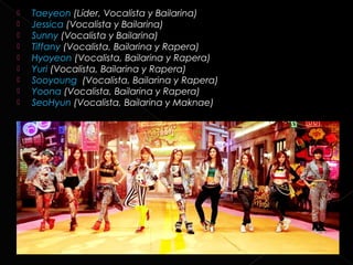    Taeyeon (Líder, Vocalista y Bailarina)
   Jessica (Vocalista y Bailarina)
   Sunny (Vocalista y Bailarina)
   Tiffany (Vocalista, Bailarina y Rapera)
   Hyoyeon (Vocalista, Bailarina y Rapera)
   Yuri (Vocalista, Bailarina y Rapera)
   Sooyoung  (Vocalista, Bailarina y Rapera)
   Yoona (Vocalista, Bailarina y Rapera)
   SeoHyun (Vocalista, Bailarina y Maknae)
 