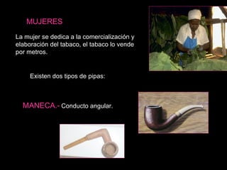 MUJERES   La mujer se dedica a la comercialización y elaboración del tabaco, el tabaco lo vende por metros.  Existen dos tipos de pipas: MANECA .-   Conducto angular. 