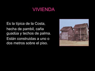 VIVIENDA Es la típica de la Costa,  hecha de pambil, caña guadúa y techos de palma.  Están construidas a uno o dos metros sobre el piso. 