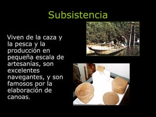 Subsistencia Viven de la caza y la pesca y la producción en pequeña escala de artesanías, son excelentes navegantes, y son famosos por la elaboración de canoas . 