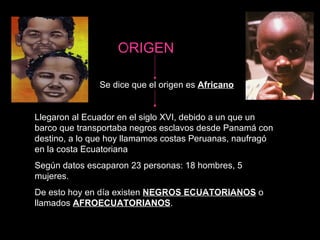 ORIGEN   Se dice que el origen es  Africano Llegaron al Ecuador en el siglo XVI, debido a un que un barco que transportaba negros esclavos desde Panamá con destino, a lo que hoy llamamos costas Peruanas, naufragó en la costa Ecuatoriana  Según datos escaparon 23 personas: 18 hombres, 5 mujeres. De esto hoy en día existen  NEGROS ECUATORIANOS  o llamados  AFROECUATORIANOS . 