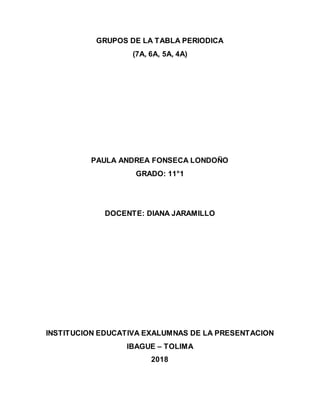 GRUPOS DE LA TABLA PERIODICA
(7A, 6A, 5A, 4A)
PAULA ANDREA FONSECA LONDOÑO
GRADO: 11°1
DOCENTE: DIANA JARAMILLO
INSTITUCION EDUCATIVA EXALUMNAS DE LA PRESENTACION
IBAGUE – TOLIMA
2018
 