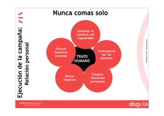 Nunca comas solo
Ejecución de la campaña:
                                                                Mantener el
                                                                contacto con
                                                                 regularidad
                           Relación personal



                                                Ofrecer
                                               beneficio                       Preocuparse
                                               personal                           por las
                                                            TRATO                personas
                                                           HUMANO


                                                                          Entablar
                                                      Buscar
                                                                         relaciones
                                                     impactos
                                                                         personales




                                                                                             20
                                                                                             66
         guau@dogcomunicacion.com
              Tlf: +34 91 57 57 755
 