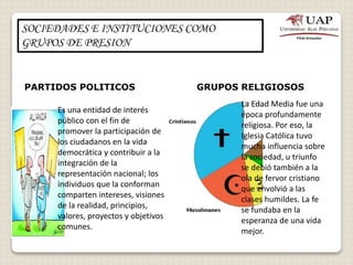 SOCIEDADES E INSTITUCIONES COMO
GRUPOS DE PRESION
PARTIDOS POLITICOS GRUPOS RELIGIOSOS
Es una entidad de interés
público con el fin de
promover la participación de
los ciudadanos en la vida
democrática y contribuir a la
integración de la
representación nacional; los
individuos que la conforman
comparten intereses, visiones
de la realidad, principios,
valores, proyectos y objetivos
comunes.
La Edad Media fue una
época profundamente
religiosa. Por eso, la
Iglesia Católica tuvo
mucha influencia sobre
la sociedad, u triunfo
se debió también a la
ola de fervor cristiano
que envolvió a las
clases humildes. La fe
se fundaba en la
esperanza de una vida
mejor.
 