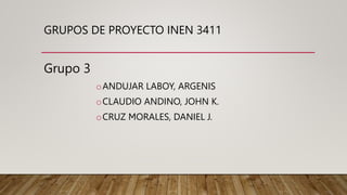 GRUPOS DE PROYECTO INEN 3411
Grupo 3
oANDUJAR LABOY, ARGENIS
oCLAUDIO ANDINO, JOHN K.
oCRUZ MORALES, DANIEL J.
 
