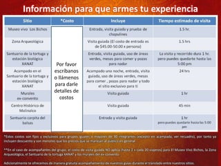 *Estos costos son fijos y exclusivos para grupos iguales o mayores de 30 integrantes (excepto en acampada, ver recuadro), por tanto ya
incluyen descuento y son menores que los precios que se manejan al público en general.
**En el caso de acompañantes del grupo, el costo de visita guiada NO aplica (hasta 2 x cada 20 viajeros) para El Museo Vivo Bichos, la Zona
Arqueológica, el Santuario de la tortuga XANAT y los murales del ex-convento.
Adicionalmente te ofrecemos de manera gratuita acompañamiento de nuestros guías durante el translado entre nuestros sitios.
Información para que armes tu experiencia
Por favor
escríbanos
o llámenos
para darle
detalles de
costos
 