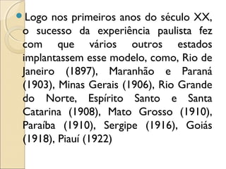 Logo nos primeiros anos do século XX,
o sucesso da experiência paulista fez
com que vários outros estados
implantassem esse modelo, como, Rio de
Janeiro (1897), Maranhão e Paraná
(1903), Minas Gerais (1906), Rio Grande
do Norte, Espírito Santo e Santa
Catarina (1908), Mato Grosso (1910),
Paraíba (1910), Sergipe (1916), Goiás
(1918), Piauí (1922)
 