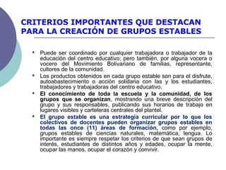  Puede ser coordinado por cualquier trabajadora o trabajador de la
educación del centro educativo; pero también, por alguna vocera o
vocero del Movimiento Bolivariano de familias, representante,
cultores de la comunidad.
 Los productos obtenidos en cada grupo estable son para el disfrute,
autoabastecimiento o acción solidaria con las y los estudiantes,
trabajadores y trabajadoras del centro educativo.
 El conocimiento de toda la escuela y la comunidad, de los
grupos que se organizan, mostrando una breve descripción del
grupo y sus responsables, publicando sus horarios de trabajo en
lugares visibles y carteleras centrales del plantel.
 El grupo estable es una estrategia curricular por lo que los
colectivos de docentes pueden organizar grupos estables en
todas las once (11) áreas de formación, como por ejemplo,
grupos estables de ciencias naturales, matemática, lengua. Lo
importante es siempre respetar los criterios de que sean grupos de
interés, estudiantes de distintos años y edades, ocupar la mente,
ocupar las manos, ocupar el corazón y convivir.
CRITERIOS IMPORTANTES QUE DESTACAN
PARA LA CREACIÓN DE GRUPOS ESTABLES
 
