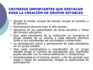 CRITERIOS IMPORTANTES QUE DESTACAN
PARA LA CREACIÓN DE GRUPOS ESTABLES
 Ocupar la mente, ocupar las manos, ocupar el corazón, y
El convivir.
 Permanencia durante todo el año escolar.
 Apoyarse en las capacidades de otras escuelas y liceos
del circuito educativo.
 Que cada estudiante de la institución se incorpora al
grupo estable de su interés y cada docente planifica
junto a sus estudiantes las actividades a desarrollar.
 La participación activa y permanente de cada estudiante
en un grupo estable.
 Que cada coordinadora o coordinador de un grupo
estable tenga el número de estudiantes que realmente
pueda atender con la misma dedicación y compromiso.
 Simultaneidad en el horario escolar, a fin de permitir que
todas y todos los estudiantes, tengan la oportunidad de
participación.
 