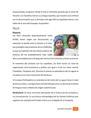 ANTHONYS ORDOÑEZ 15
emparentado), emigraron desde lo hoy es Colombia pasando por el istmo de
Panamá. Los Tawahkas llaman a su lengua tawahka, que muestra una similitud
con la denominación que, a principios del siglo XVll los españoles dieron a los
indios de la zona del Guayape, Guayambre.
Pech
Historia
Los Pech conocidos peyorativamente como
PAYAS, tienen origen aún desconocido; su
evolución se pierde entre la historia y el mito.
Son probables descendientes de los CHIBCHAS,
ya que los hablantes de este idioma salieron de
América del Sur probablemente hace 3,000
años y se establecieron a lo largo del camino entre Colombia y América Central.
Al momento del contacto con los españoles, los Pech tenían un nivel de
organización socio-económica y política casi igual a la de sus tribus vecinas
(Tawahkas, Tolupanes etc). Durante la colonia se extendieron del río aguan al
rio patuca en la zona nororiental de Honduras.
En la época Prehispánica se extendieron del norte del rio aguan hasta el cabo
de Gracias a Dios. La lengua Pech está identificada como un idioma de la familia
de lenguas macro-chibcha de origen sudamericano.
Etnohistoria: Se hace una breve descripción de la historia de los contactos y
sus consecuencias. Es una lectura antropológica de las fuentes históricas que
registran los contactos del Pueblo o Etnia con la llegada de la Conquista.
 