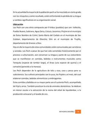 ANTHONYS ORDOÑEZ 18
En la actualidad la mayoría de la población pech se ha mezclado en cierto grado
con los misquitos y como resultado, están enfrentando la pérdida de su lengua
y cambios significativos en su organización social.
Ubicación
Los Pech son una etnia compuesta por 9 tribus (pueblos) que son: Vallecito,
Pueblo Nuevo, Subirana, Agua Zarca, Culuco, Jocomico, Pisijire en el municipio
de Dulce Nombre de Culmí; Santa María del Carbón en el municipio de San
Esteban, departamento de Olancho; Silin en el municipio de Trujillo,
departamento de Gracias a Dios.
Hoy en día la mayoría de estas comunidades están comunicadas por carreteras
y veredas. Los Pech a pesar de que han sido sometidos históricamente por el
proceso a culturización, aún conservan su lengua y parte de sus costumbres
que se manifiestan en comidas, bebidas e instrumentos musicales como
Tempuka (especie de tambor largo), el Arwa (una especie de quena) y el
camachá (parecida a la maraca).
Los Pech dependen de la agricultura de tala y roza, caza y pesca para su
subsistencia. Sus cultivos principales son la yuca, los frijoles y el maíz, del cual
elaboran comidas, bebidas alimenticias y embriagantes.
Estas comidas y bebidas en su mayor parte son el sustento Pech, acompañado
de frijol y arroz. También practican la cría de animales domésticos. Se dedican
en menor escala a la extracción de la resina del árbol de liquidámbar, a la
producción artesanal y al lavado de oro.
 