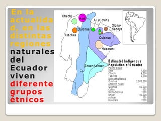 En la
actualida
d, en las
distintas
regiones
naturales
del
Ecuador
viven
diferentes
grupos
étnicos
 