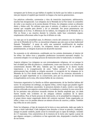 torrupanes por la forma en que hablan el español, ha hecho que los indios se preocupen
más por mejorar el español que trasmitir su lengua a las nuevas generaciones.

Las prácticas culturales, ceremonias y ritos de transición (nacimiento, adolescencia,
muerte) han desaparecido. Los tolupanes de la Montaña de la Flor tienen la costumbre
de velar a sus muertos en la cocina durante 24 horas, los tolupanes comen su alimento
diario y beben café. No utilizan cajas para el entierro, el cadáver es envuelto en las
mantas que ocupaba para dormir y así es enterrado. Sus pocas pertenencias son
depositadas en la fosa. A diferencia de los ladinos, los tolupanes de la Montaña de La
Flor no lloran a sus muertos durante la velación, nadie hace comentario alguno;
simplemente reflexionan sobre lo que fue el difunto en vida.

La ropa que en la actualidad usan, la obtienen a través del comercio con los ladinos y
solo en la Montaña de La Flor, se encuentran tolupanes que aún usan su traje tradicional
llamado "balandrán". A pesar de sufrir una sustancial modificación de muchos
elementos culturales y sociales, los tolupanes tienen conciencia de su pasado y
paulatinamente, se integran al proceso de desarrollo nacional.

Su economía es de subsistencia, combinada con los estratos dominantes al interior de
las tribus: los indios ricos y pequeños productores (economía mercantil simple). La
economía tolupán vive un largo proceso de transición entre lo tradicional y lo moderno.

Aspecto religioso Los tolupanes no son extremadamente religiosos, tal vez porque lo
han olvidado por falta de práctica o, simplemente, como una reacción a su situación de
sometimiento durante 500 años. Además que los españoles no le dieron mucha
importancia a la evangelización de estos "indios salvajes". En la actualidad
prácticamente han olvidado su religión ancestral. A excepción de los tolupanes de la
Montaña de La Flor donde todavía persisten muchas de las creencias ancestrales y
juegan un papel importante en su cosmovisión, pero por la presencia de misioneros
evangelizadores en la zona, ellos temen hablar de sus creencias.

Estructura organizativa La familia no difiere aparentemente, de las familias ladinas del
sector. Se encuentran sin embargo, en algunas tribus, ciertos rasgos que pueden sugerir
características familiares ancestrales: la presencia durante el parte, remite a una figura
paterna reforzada con aspectos ceremoniales. La tendencia a construir la casa cerca de la
de los parientes más próximos recuerda sistemas de familia ampliada que, sin duda
fueron mucho más evidentes en las antiguas culturas cazadoras de la época
precolombina. Pese al fuerte proceso de latinización, en la actualidad los tolupanes son
el grupo étnico mejor organizado dentro del contexto nacional. Están organizados en
tribus y éstas a su vez pueden abarcar un número diverso de caseríos y aldeas. También
hay tribus de un solo caserío.

Entre los tolupanes, el tipo de tenencia de la tierra es muy particular, dado que nadie la
posee a titulo individual. Cada indígena tiene derecho a cercar su parcela y trabajarla;
aunque no puede venderla, puede cercar la extensión que es capaz de trabajar, variando
de 2-3 manzanas. Esta característica de la tenencia de la tierra esta vigente a pesar de
que algunos caciques y cafetaleros se han agenciado más, despojando a muchas tribus
de sus tierras.
 
