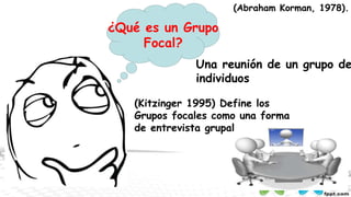 ¿Qué es un Grupo
Focal?
(Abraham Korman, 1978).
Una reunión de un grupo de
individuos
(Kitzinger 1995) Define los
Grupos focales como una forma
de entrevista grupal
 
