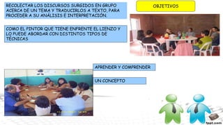 OBJETIVOSRECOLECTAR LOS DISCURSOS SURGIDOS EN GRUPO
ACERCA DE UN TEMA Y TRADUCIRLOS A TEXTO, PARA
PROCEDER A SU ANÁLISIS E INTERPRETACIÓN.
COMO EL PINTOR QUE TIENE ENFRENTE EL LIENZO Y
LO PUEDE ABORDAR CON DISTINTOS TIPOS DE
TÉCNICAS
APRENDER Y COMPRENDER
UN CONCEPTO
 