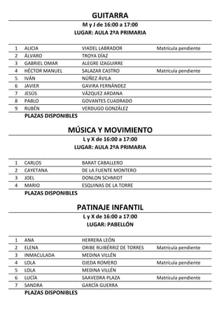 1 ALICIA VIADEL LABRADOR Matrícula pendiente
2 ÁLVARO TROYA DÍAZ
3 GABRIEL OMAR ALEGRE IZAGUIRRE
4 HÉCTOR MANUEL SALAZAR CASTRO Matrícula pendiente
5 IVÁN NÚÑEZ ÁVILA
6 JAVIER GAVIRA FERNÁNDEZ
7 JESÚS VÁZQUEZ ARDANA
8 PABLO GOVANTES CUADRADO
9 RUBÉN VERDUGO GONZÁLEZ
PLAZAS DISPONIBLES
1 CARLOS BARAT CABALLERO
2 CAYETANA DE LA FUENTE MONTERO
3 JOEL DONLON SCHMIDT
4 MARIO ESQUINAS DE LA TORRE
PLAZAS DISPONIBLES
1 ANA HERRERA LEÓN
2 ELENA ORIBE RUIBÉRRIZ DE TORRES Matrícula pendiente
3 INMACULADA MEDINA VILLÉN
4 LOLA OJEDA ROMERO Matrícula pendiente
5 LOLA MEDINA VILLÉN
6 LUCÍA SAAVEDRA PLAZA Matrícula pendiente
7 SANDRA GARCÍA GUERRA
PLAZAS DISPONIBLES
PATINAJE INFANTIL
L y X de 16:00 a 17:00
LUGAR: PABELLÓN
M y J de 16:00 a 17:00
LUGAR: AULA 2ºA PRIMARIA
MÚSICA Y MOVIMIENTO
L y X de 16:00 a 17:00
LUGAR: AULA 2ºA PRIMARIA
GUITARRA
 