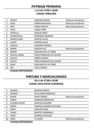 1 ÁFRICA ALBELDA GARCÍA Matrícula pendiente
2 ALBA MARÍN MACHUCA Matrícula pendiente
3 ANA RUBIO FRAUCA Matrícula pendiente
4 CELIA LUQUE PEÑA
5 ESTRELLA GARCÍA LÓPEZ
6 FRANCHESCA MENÉNDEZ BERMEO
7 INMACULADA MARTÍN SALAS
8 JAVIER MARTÍN SALAS
9 LORETO ALARCÓN JIMÉNEZ
10 MARÍA HEREDIA ALÉ Matrícula pendiente
11 MARIO ESQUINAS DE LA TORRE
12 MIGUEL ÁNGEL PÉREZ BERNALDO DE QUIRÓS
13 NACHO NÚÑEZ CRESPO
14 NIEVES PÉREZ BERNALDO DE QUIRÓS
15 SARA ESQUINAS DE LA TORRE
16 SOL VALLS GÓMEZ
PLAZAS DISPONIBLES
1 BLANCA MOLINA GARCÍA
2 BLANCA DE LA ROSA GONZÁLEZ
3 DAVID RIVAS TIRADO Matrícula pendiente
4 EMMA BARRERA RODRÍGUEZ
5 EUSEBIO JAVIER SÁNCHEZ OGAZÓN
6 MARÍA GORDILLO RAMOS-CATALINA
7 NORA SÁNCHEZ VERA
8 PABLO BENÍTEZ FERNÁNDEZ
9 SOFÍA RAMÍREZ CENTENO
10 SARA EL ALAMI Matrícula pendiente
PLAZAS DISPONIBLES
LUGAR: PABELLÓN
PINTURA Y MANUALIDADES
M y J de 17:00 a 18:00
LUGAR: AULA PATIO CUADRADO
PATINAJE PRIMARIA
L y X de 17:00 a 18:00
 