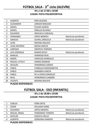 1 ALBERTO RÍOS IGLESIAS
2 ALEXANDER JORDAN ROBLEDO
3 DANIEL PULIDO GARCÍA
4 DANIEL RIBALLO ÁLVAREZ
5 EDUARDO ORIHUELA CARVAJAL
6 FERNANDO LÓPEZ MONTES Matrícula pendiente
7 IGNACIO GUIRAL ZARZUELA Matrícula pendiente
8 JUAN MEDINA MALAVE
9 JUAN ANTONIO BAENA GRACIA
10 LORENZO OROPESA TERRERO
11 LUIS GONZAGA RAMOS REYES Matrícula pendiente
12 MANUEL HERMOSO REAL
13 MARÍA VERDUGO GONZÁLEZ
14 MIGUEL VITALYI GÓMEZ ROMERO
15 NICOLÁS HERNÁNDEZ GÓMEZ
16 PABLO CARBALLO MADINABEITIA
17 PABLO SANABRIA GARCÍA
18 PABLO DE LA ROSA GONZÁLEZ
19 RAÚL HERNÁNDEZ CAMBÓN
20 VICENTE MEDINA MALAVE
PLAZAS DISPONIBLES
1 CARLOS PEÑA ORTIZ
2 CÉSAR DELGADO SAÍNZ
3 EDUARDO LÓPEZ MONTES Matrícula pendiente
4 MIGUEL ÁNGEL FERNÁNDEZ TARRIDA Matrícula pendiente
5 NICOLÁS GOESCHL BELLO
6 ALBERTO GÓNGORA GAMERO Matrícula pendiente
PLAZAS DISPONIBLES
FÚTBOL SALA - ESO (INFANTIL)
M y J de 18:00 a 19:00
LUGAR: PISTA POLIDEPORTIVA
FÚTBOL SALA - 3
er
ciclo (ALEVÍN)
M y J de 17:00 a 18:00
LUGAR: PISTA POLIDEPORTIVA
 