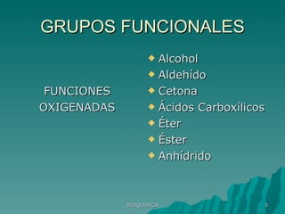 FUNCIONES OXIGENADAS Alcohol Aldehído Cetona Ácidos Carboxílicos Éter Éster Anhídrido GRUPOS FUNCIONALES BIOQUIMICA 