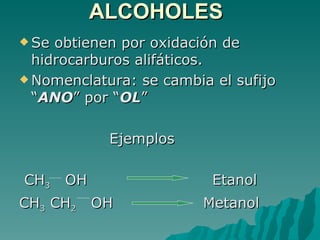 ALCOHOLES Se obtienen por oxidación de hidrocarburos alifáticos. Nomenclatura: se cambia el sufijo “ ANO ” por “ OL ” Ejemplos CH 3   OH  Etanol CH 3  CH 2   OH  Metanol 