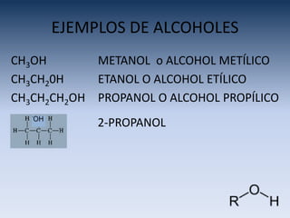 EJEMPLOS DE ALCOHOLES
CH3OH       METANOL o ALCOHOL METÍLICO
CH3CH20H    ETANOL O ALCOHOL ETÍLICO
CH3CH2CH2OH PROPANOL O ALCOHOL PROPÍLICO
            2-PROPANOL
 