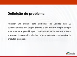 Realizar um evento para aumentar as vendas das 03 concessionárias do Grupo Simões e ao mesmo tempo divulgar suas marcas e permitir que o consumidor tenha em um mesmo ambiente concorrentes diretos, proporcionando comparação de produtos e preços. Definição do problema 