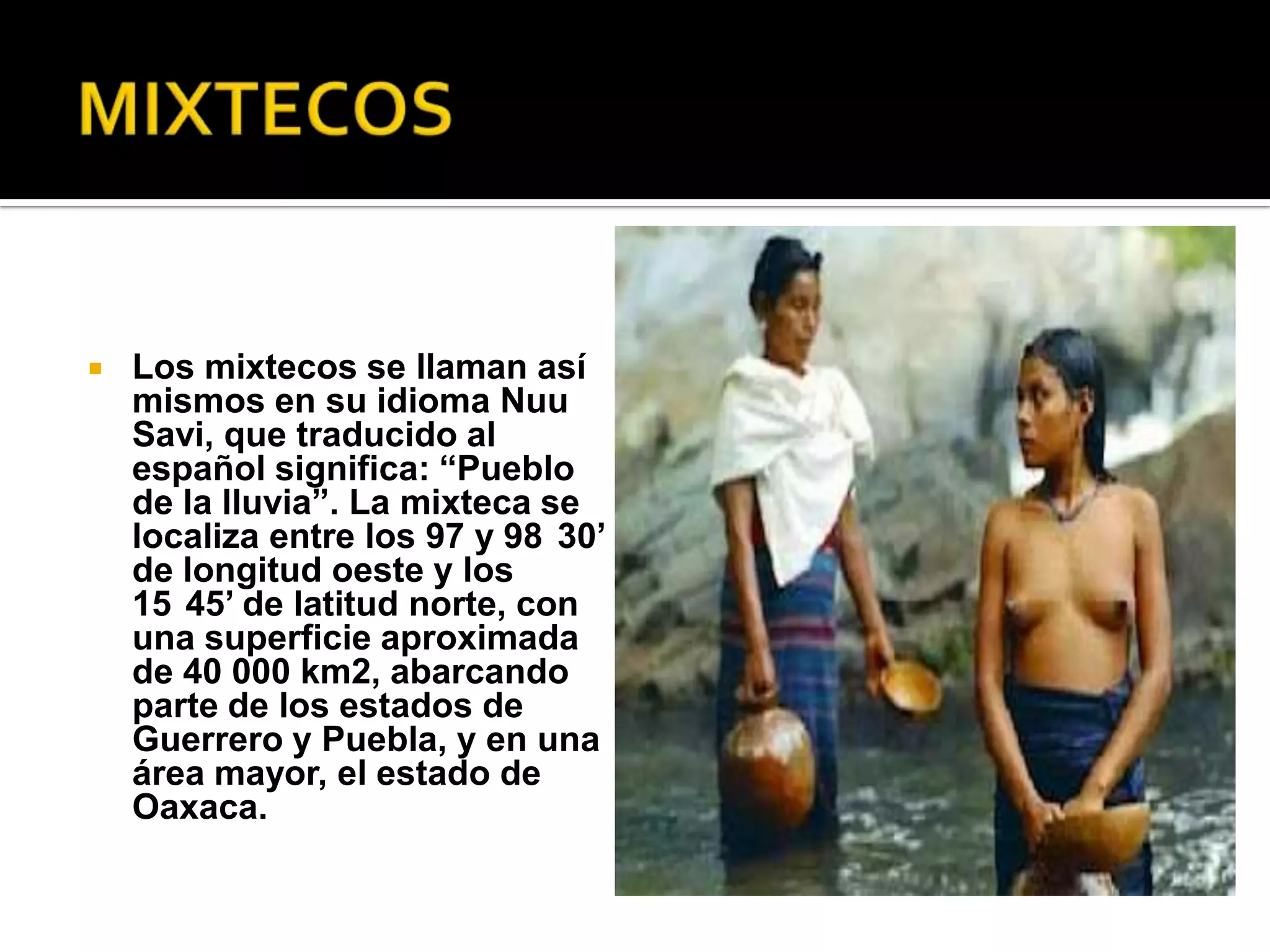  Los mixtecos se llaman así
mismos en su idioma Nuu
Savi, que traducido al
español significa: “Pueblo
de la lluvia”. La mixteca se
localiza entre los 97 y 98 30’
de longitud oeste y los
15 45’ de latitud norte, con
una superficie aproximada
de 40 000 km2, abarcando
parte de los estados de
Guerrero y Puebla, y en una
área mayor, el estado de
Oaxaca.