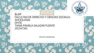 BUAP
FACULTAD DE DERECHO Y CIENCIAS SOCIALES
SOCIOLOGÍA
DHTIC
TANIA PAMELA SALAZAR PUENTE
201547341
GRUPOS INDÍGENAS
 