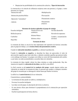 • Desprecian las posibilidades de la construcción colectiva. Tipos de interacción
La interacción es la relación de influencia recíproca entre una persona y el grupo, o entre
personas en el grupo.
-Interacción nula
-Interacción psicótica/bélica
-Oposición “sistemática”
-Adición
-Multiplicación
-Provocación
-Pensamiento creativo
-Pensamiento
colectivo
Resumen de técnicas aplicables al grupo de trabajo
Escucha inteligente
Reflexión previa
Cuchicheo
Hoja libre
Técnica de los seis
sombreros
Informe blanco
Informe crítico
Ixd idea desarrollo
Revisión de supuestos
Listado y secuenciación
de tareas
Tormenta de ideas
La tormenta de ideas es una de las más importantes del repertorio de técnicas conocidas
para el grupo de trabajo y es la técnica básica del pensamiento creativo.
Cuando la valoración inmediata es positiva, se detiene la producción.
Cuando la valoración es negativa, se desechan las ideas sin aprovechar el valor de
provocación cognitiva que tiene toda idea, y además se pierden aquellas que parecen malas
y sin embargo son buenas. Los grupos son reflejo (a veces) del funcionamiento del cerebro
y, por tanto, no están acostumbrados a escuchar ideas sin valorarlas.
La tormenta de ideas impide valorar las ideas mientras se están produciendo. Hay dos
maneras de impedir la valoración de las ideas, una fácil y otra difícil.
La fácil consiste en el control de la conducta del grupo: cuando alguien realiza una
valoración en mitad de la tormenta de ideas, la persona que modera o cualquier miembro
del grupo le recuerda que se abstenga de valorar hasta que finalice la técnica.
La difícil es el control interno de la no valoración.
Características y potencialidades
- La tormenta de ideas puede ser aditiva y multiplicativa.
- Favorece la escucha inteligente
- Las ideas son del grupo, la adscripción del éxito es colectiva.
- Es una técnica eficaz para disminuir la preponderancia de la interacción por oposición
sistemática.
- Facilita la participación de forma efectiva.
 