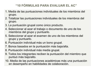 “10 FÓRMULAS PARA EVALUAR EL AC”
1. Media de las puntuaciones individuales de los miembros del
   grupo.
2. Totalizar las puntuaciones individuales de los miembros del
   grupo.
3. La puntuación grupal como único producto.
4. Seleccionar al azar el trabajo o documento de uno de los
   miembros del grupo y puntuarlo.
5. Seleccionar al azar el examen de uno de los miembros del
   grupo y puntuarlo.
6. Puntuación individual más un bono grupal.
7. Bonos basados en la puntuación más baja/alta.
8. Puntuación individual más media grupal.
9. Todos los integrantes reciben la puntuación del miembro que
   puntuó más bajo/alto.
10. Media de las puntuaciones académicas más una puntuación
   en desempeño en habilidades de colaboración.
 