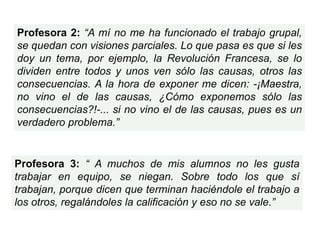 Profesora 2: “A mí no me ha funcionado el trabajo grupal,
se quedan con visiones parciales. Lo que pasa es que si les
doy un tema, por ejemplo, la Revolución Francesa, se lo
dividen entre todos y unos ven sólo las causas, otros las
consecuencias. A la hora de exponer me dicen: -¡Maestra,
no vino el de las causas, ¿Cómo exponemos sólo las
consecuencias?!-... si no vino el de las causas, pues es un
verdadero problema.”


Profesora 3: “ A muchos de mis alumnos no les gusta
trabajar en equipo, se niegan. Sobre todo los que sí
trabajan, porque dicen que terminan haciéndole el trabajo a
los otros, regalándoles la calificación y eso no se vale.”
 